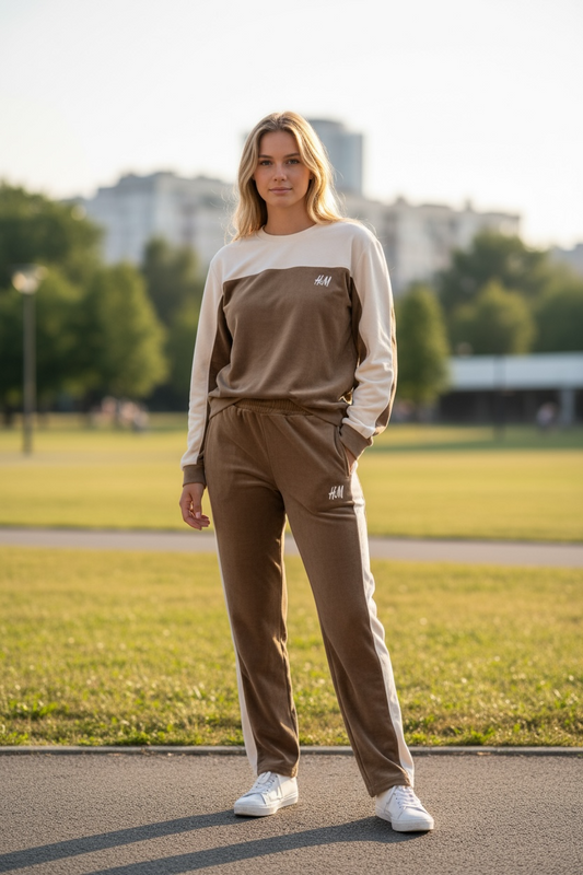 Women’s Cream & Brown Panel Sweatshirt & Jogger Set