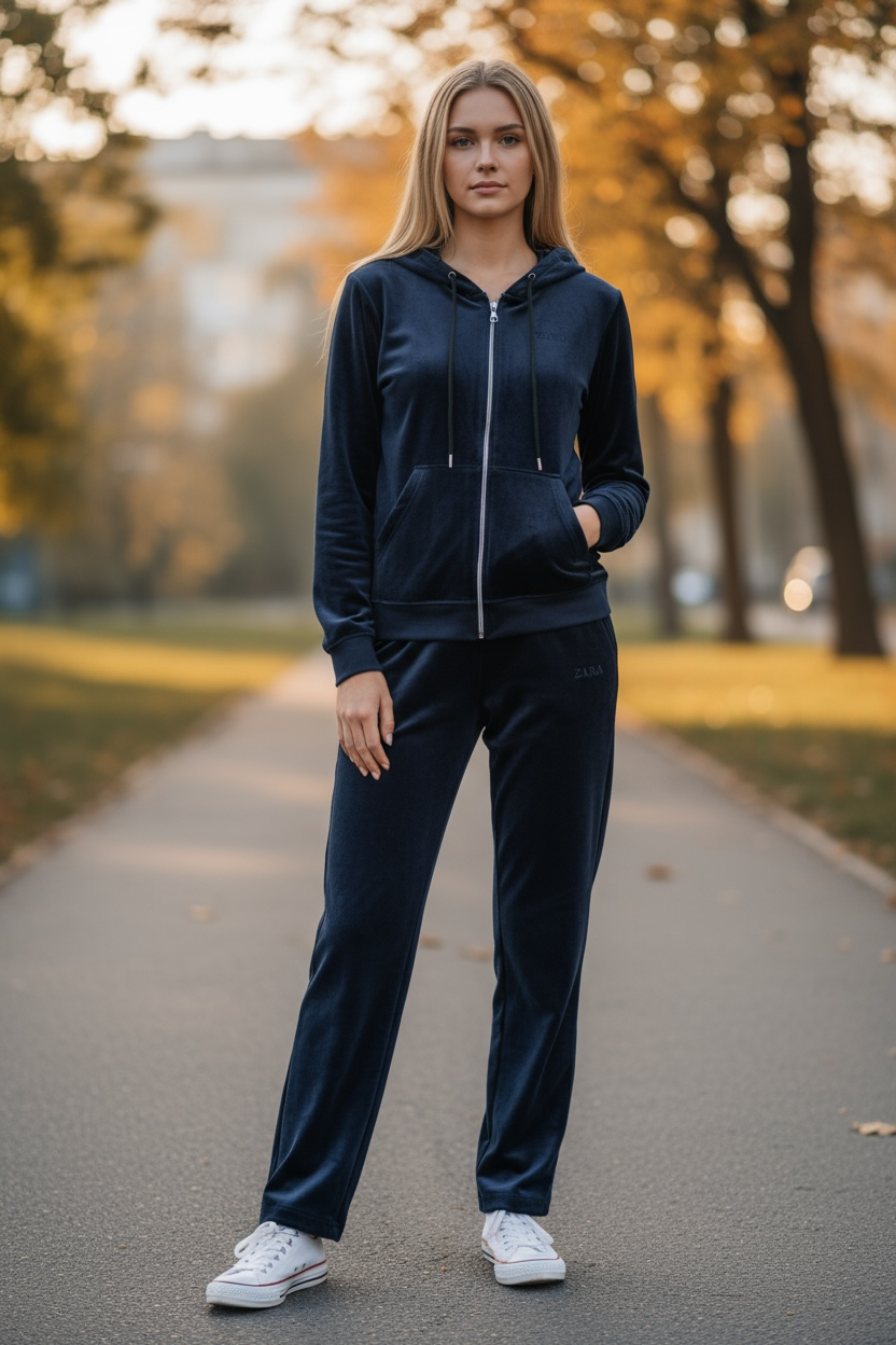 Navy Velour Co-ord – Women’s Zip Up Hoodie & Joggers Set