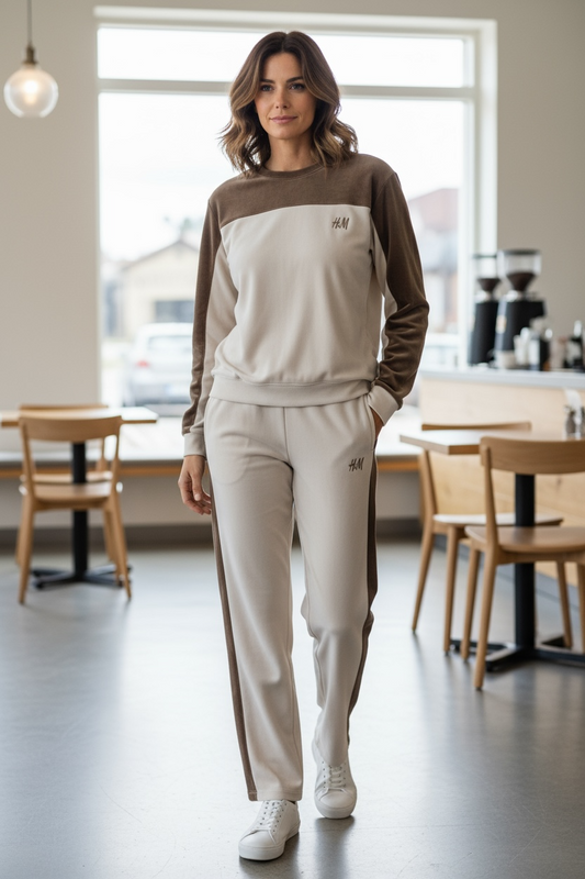 Women’s White & Brown Panel Sweatshirt & Jogger Set