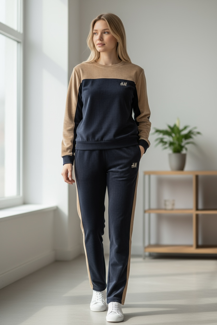 Women’s Two-Tone Sweatshirt & Jogger Set – Navy & Beige