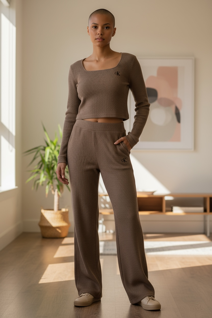Women’s Ribbed Lounge Set – Camel Brown