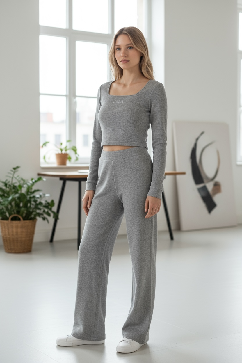 Women’s Ribbed Lounge Set – Light Grey