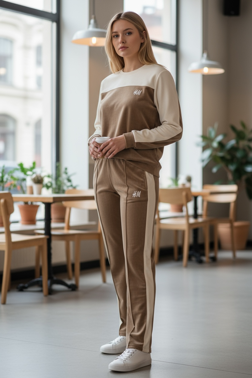 Women’s Cream & Brown Panel Sweatshirt & Jogger Set