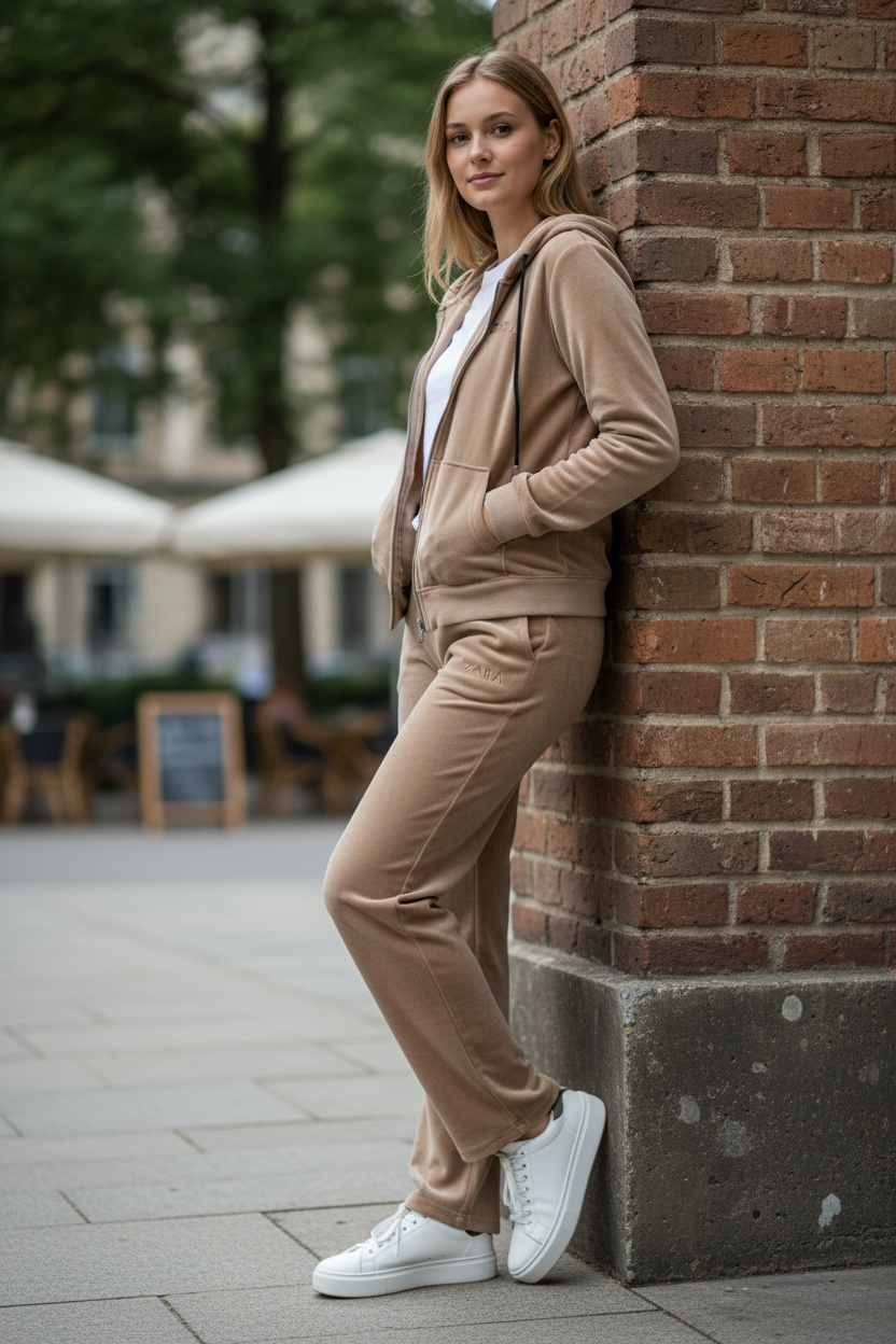 Women’s Velour Zip-Up Hoodie & Jogger Set – Light Brown