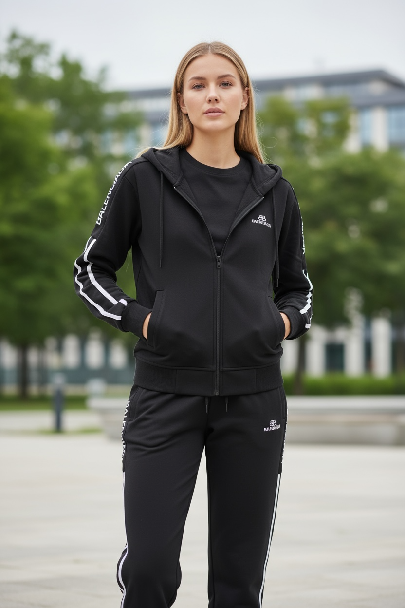 Women’s Black Zip-Up Tracksuit Set with Side Stripe