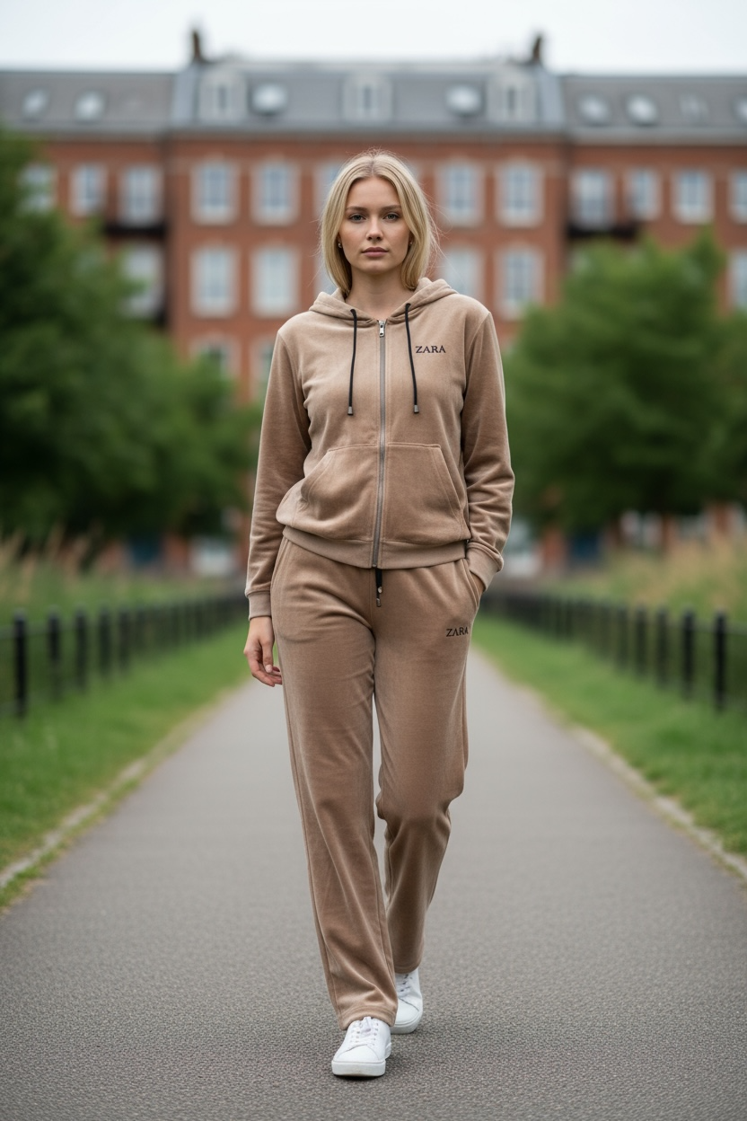 Women’s Velour Zip-Up Hoodie & Jogger Set – Light Brown