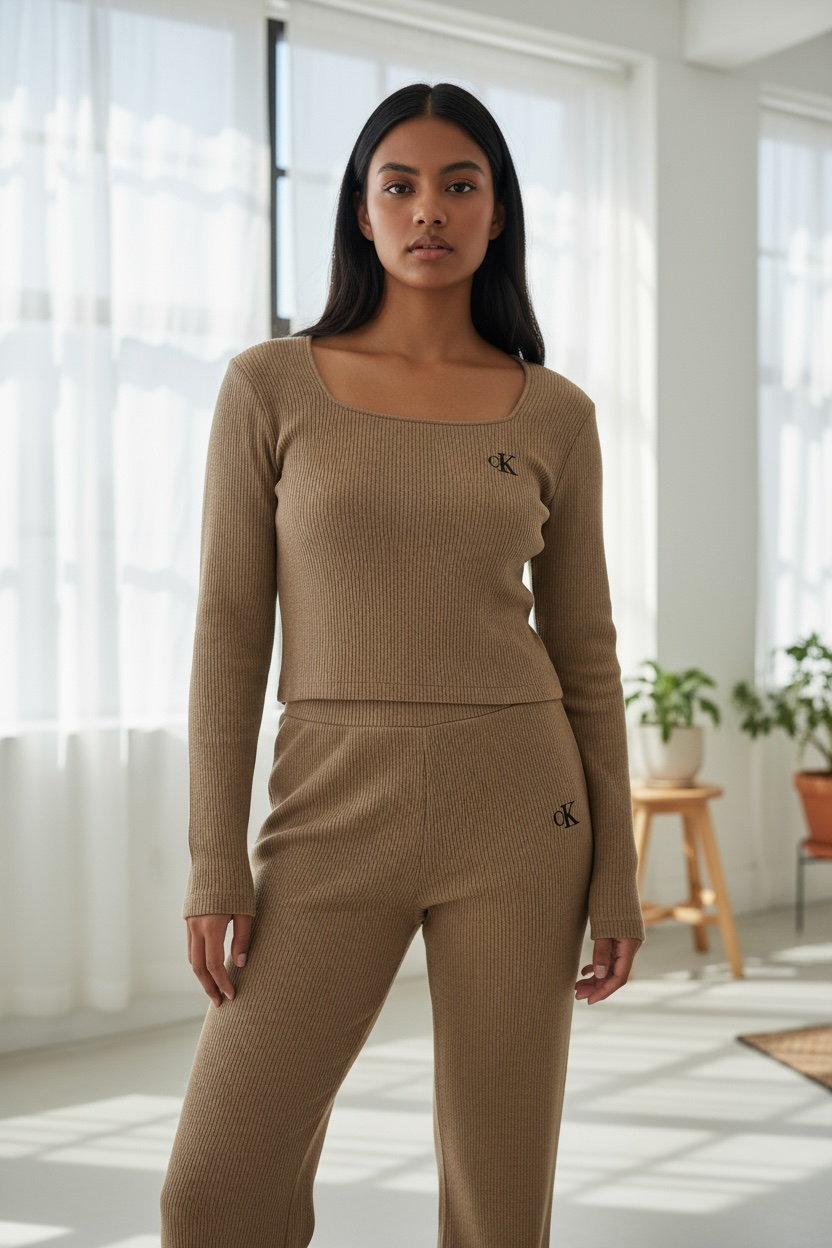 Women’s Ribbed Lounge Set – Camel Brown