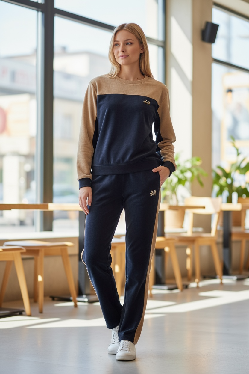 Women’s Two-Tone Sweatshirt & Jogger Set – Navy & Beige