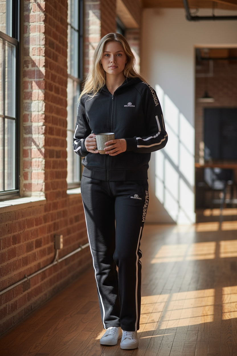 Women’s Black Zip-Up Tracksuit Set with Side Stripe