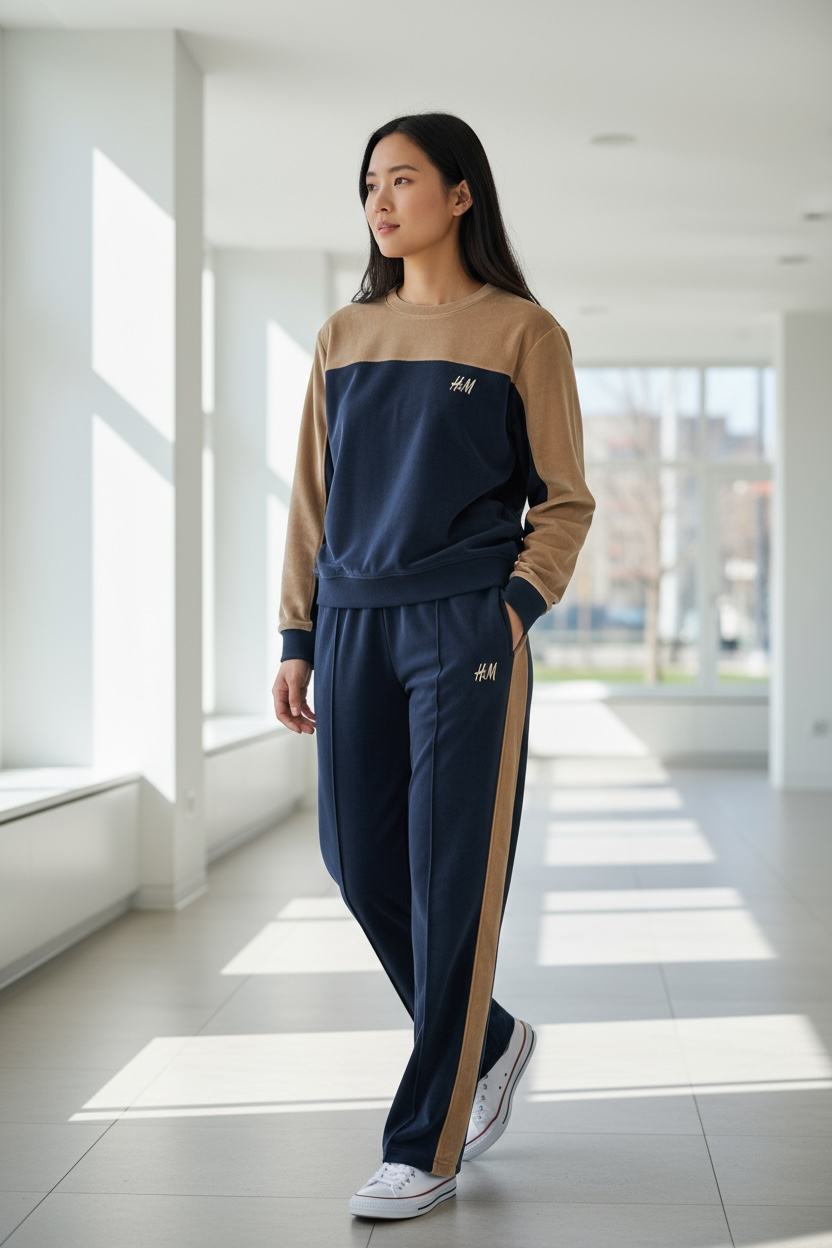 Women’s Two-Tone Sweatshirt & Jogger Set – Navy & Beige