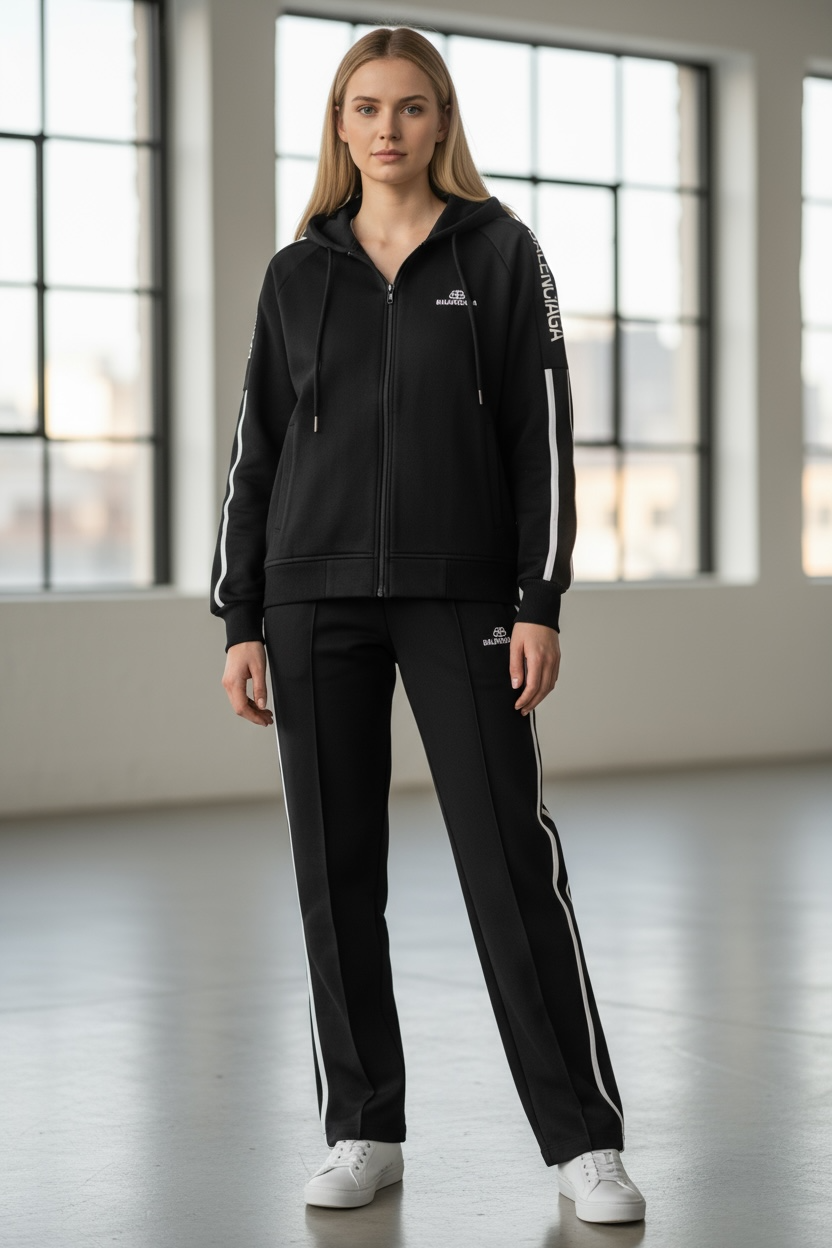 Women’s Black Zip-Up Tracksuit Set with Side Stripe