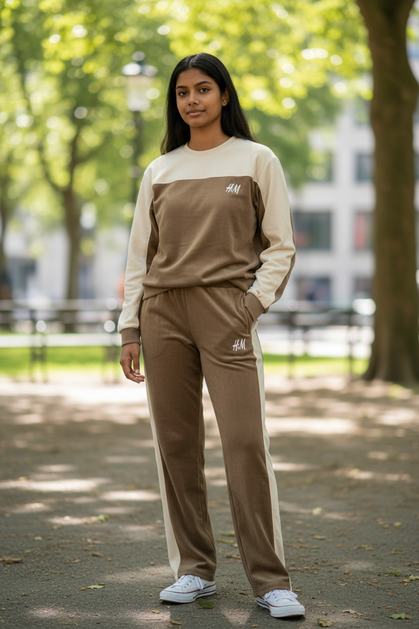 Women’s Cream & Brown Panel Sweatshirt & Jogger Set