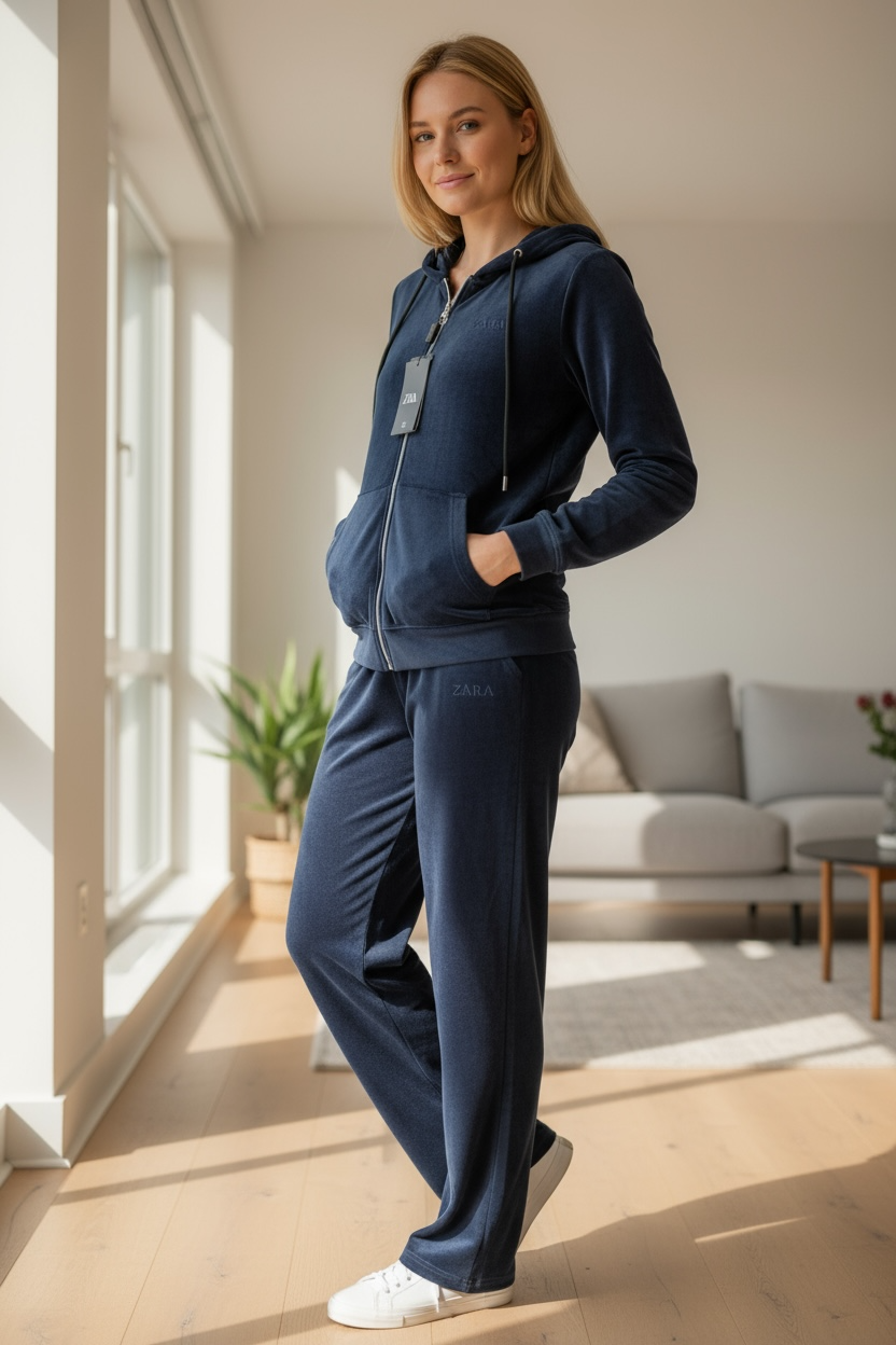 Navy Velour Co-ord – Women’s Zip Up Hoodie & Joggers Set
