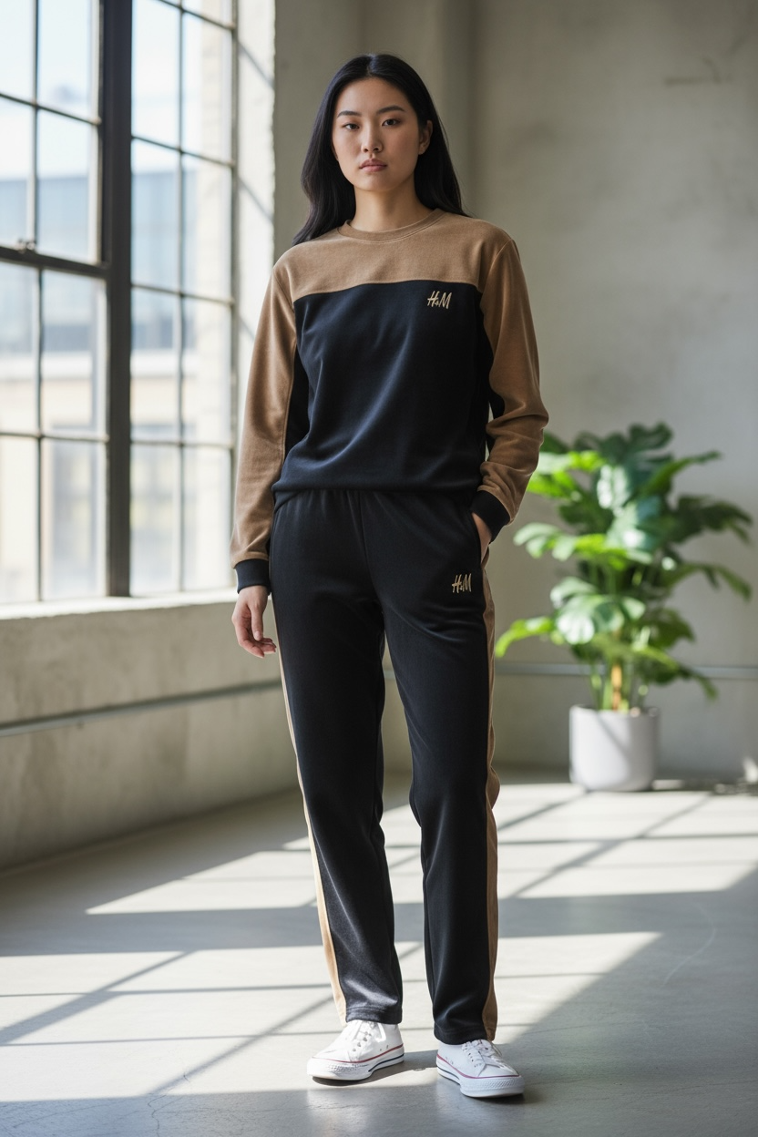 Women’s Two-Tone Sweatshirt & Jogger Set – Navy & Beige