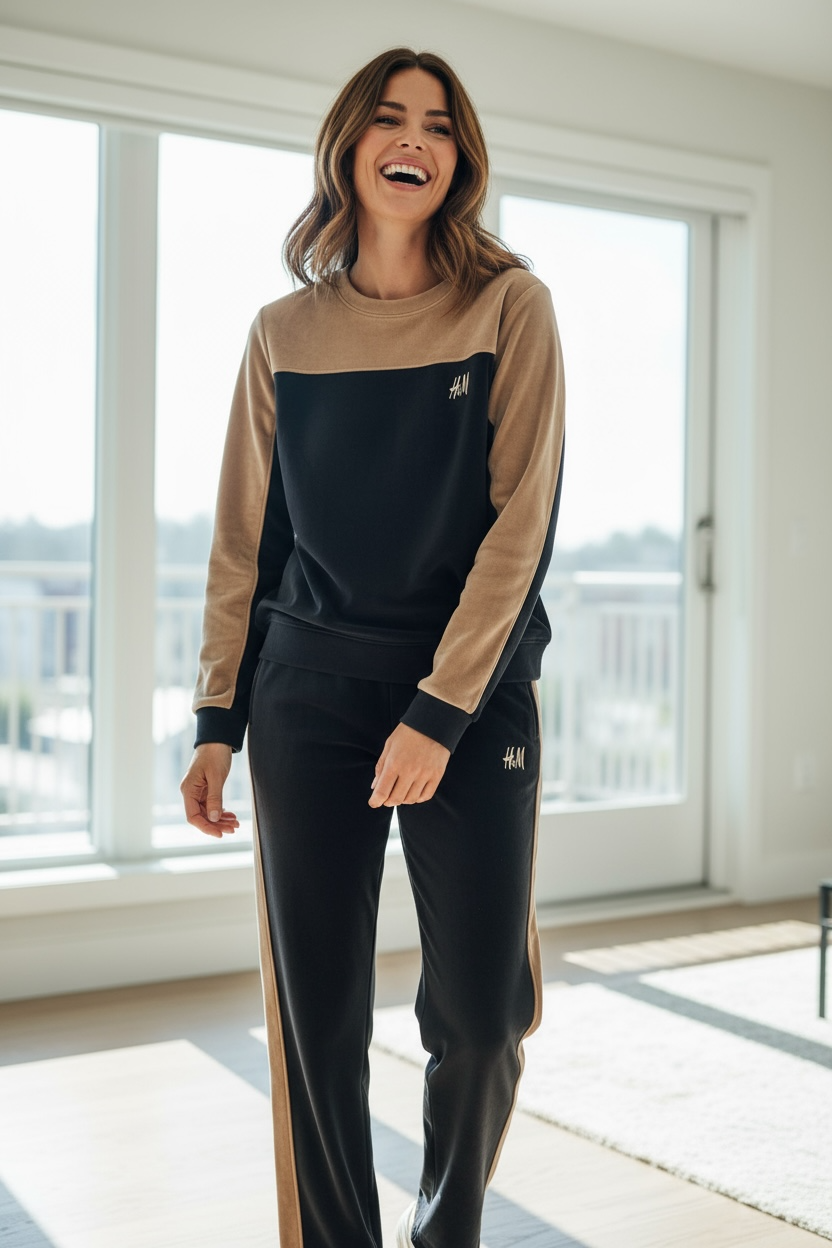 Women’s Two-Tone Sweatshirt & Jogger Set – Navy & Beige