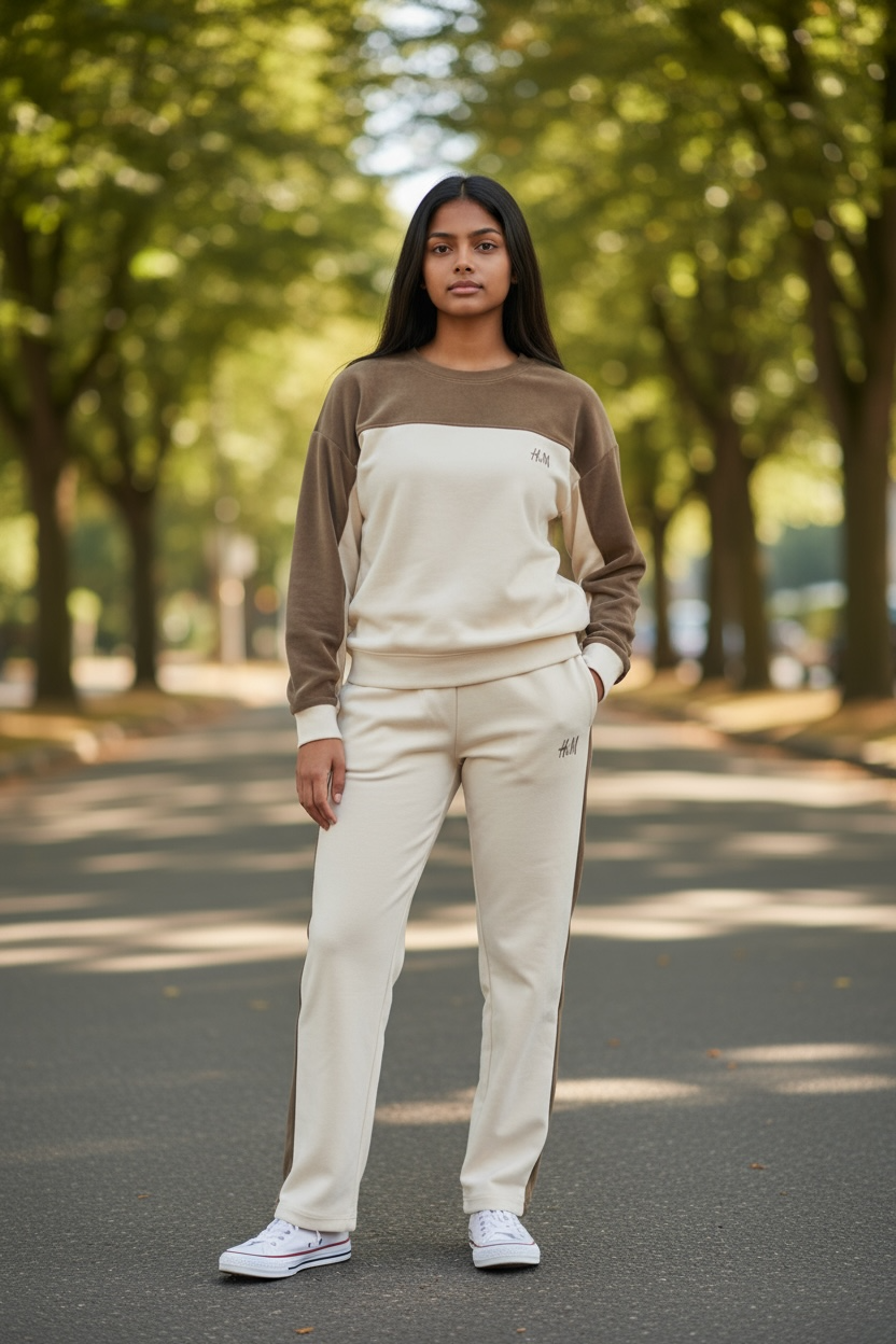 Women’s White & Brown Panel Sweatshirt & Jogger Set