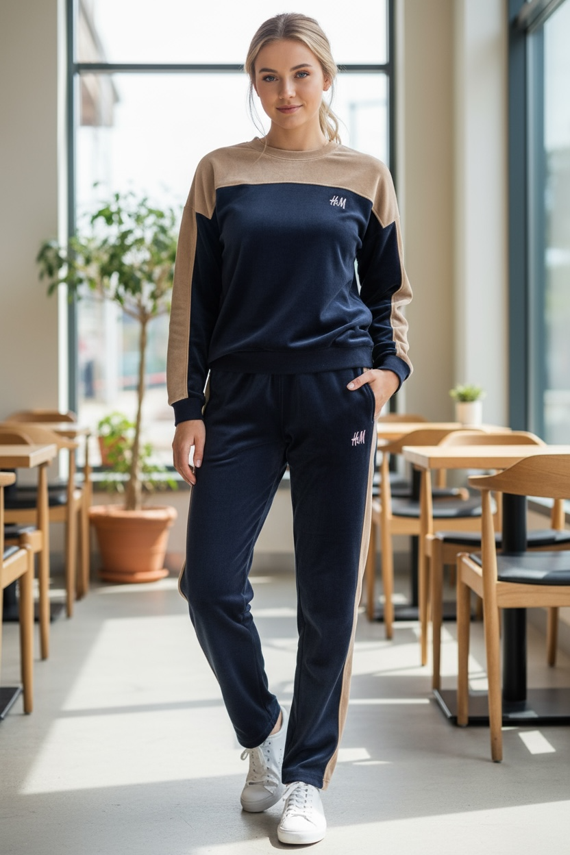 Women’s Two-Tone Sweatshirt & Jogger Set – Navy & Beige