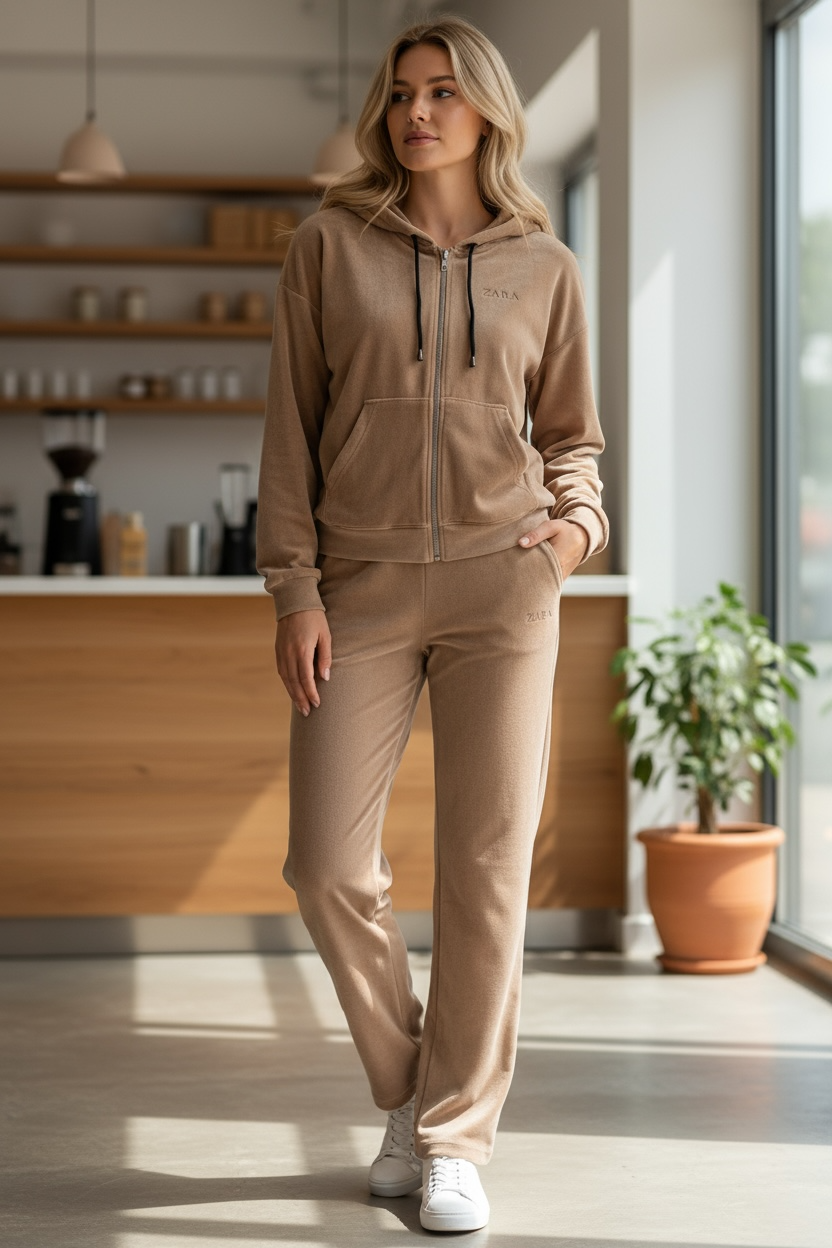 Women’s Velour Zip-Up Hoodie & Jogger Set – Light Brown