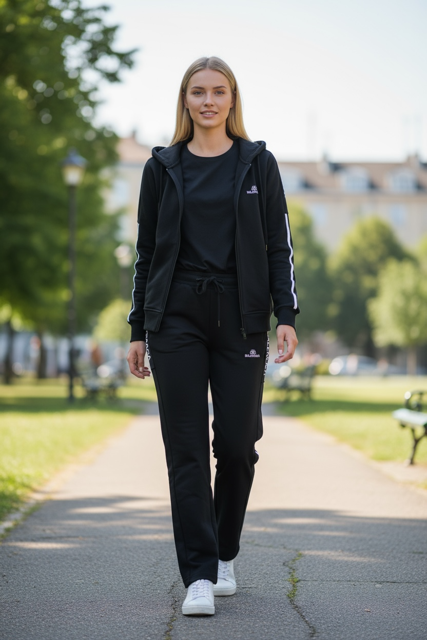 Women’s Black Zip-Up Tracksuit Set with Side Stripe