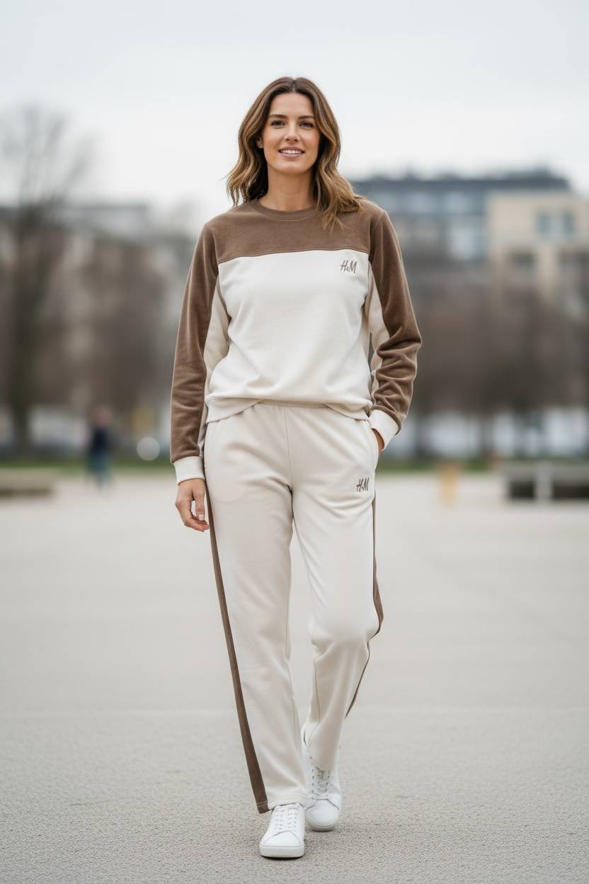 Women’s White & Brown Panel Sweatshirt & Jogger Set